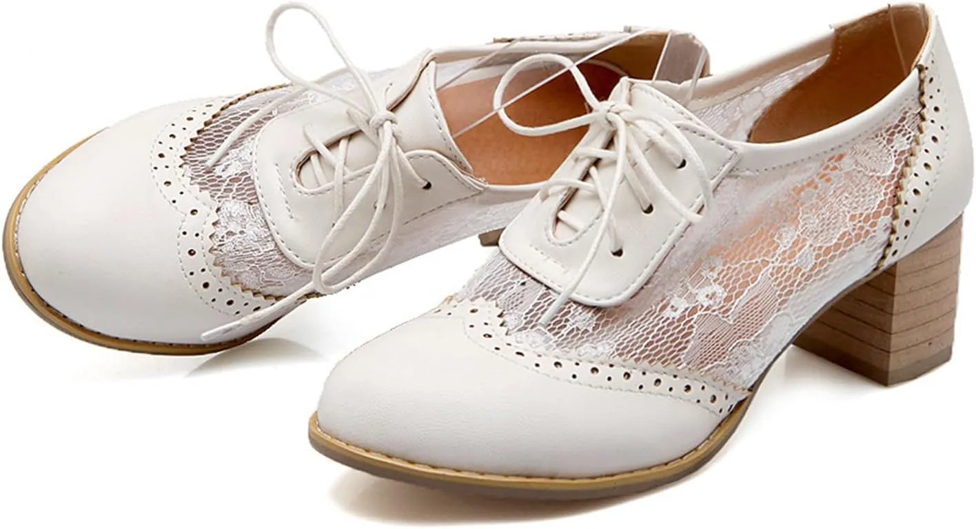 Wavyvigs Lace Oxford Heels Chunky Block Heel Vintage Pumps Round Toe Bridal Shoes