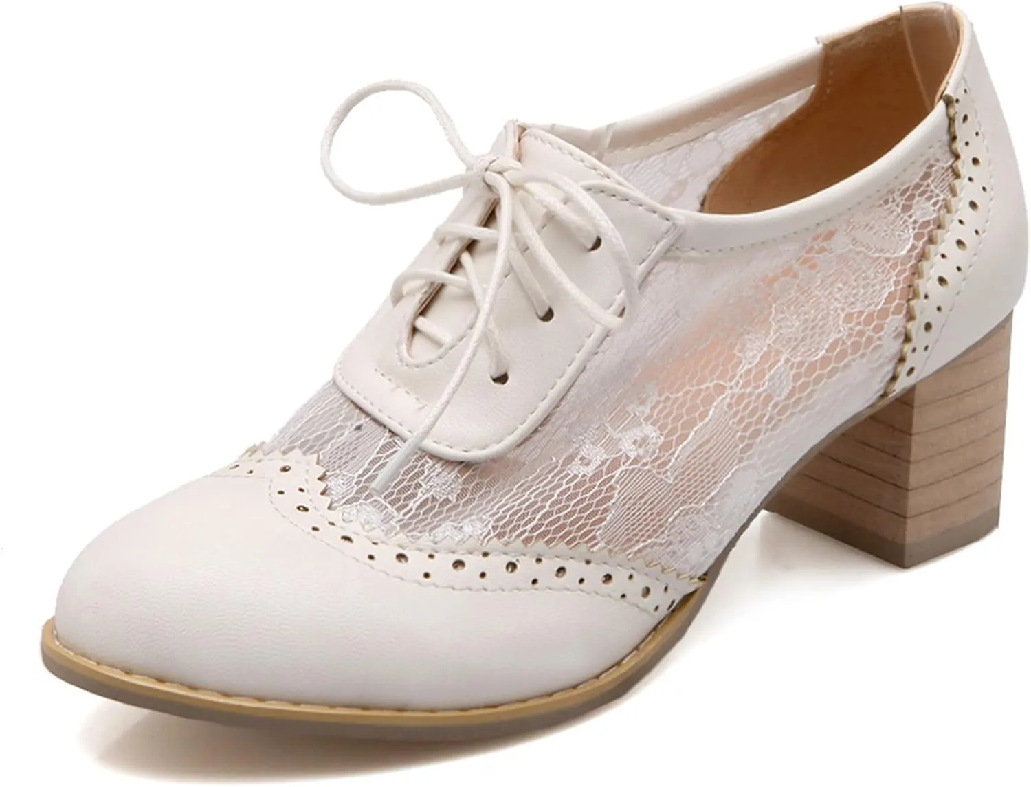 Wavyvigs Lace Oxford Heels Chunky Block Heel Vintage Pumps Round Toe Bridal Shoes