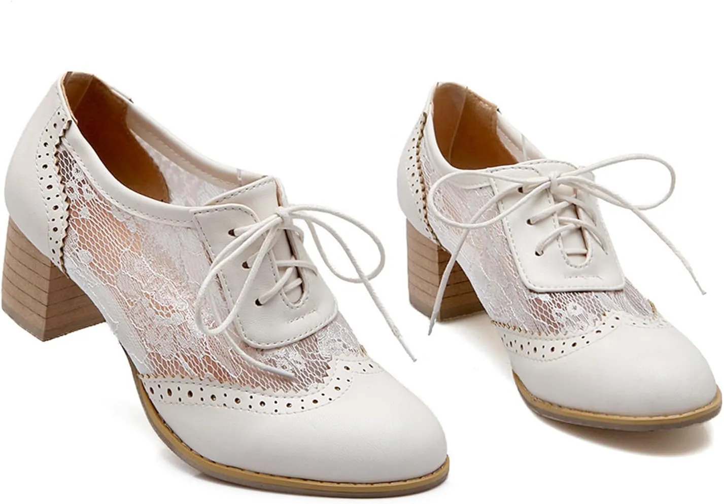 Wavyvigs Lace Oxford Heels Chunky Block Heel Vintage Pumps Round Toe Bridal Shoes
