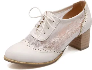Wavyvigs Lace Oxford Heels Chunky Block Heel Vintage Pumps Round Toe Bridal Shoes