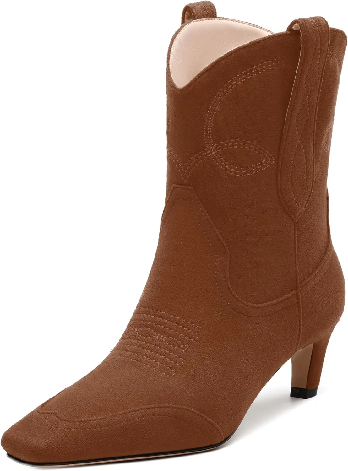 WAYDERNS Women's Cowboy Ankle Boots Western Low Kitten Heel Square Toe 2 Inch Short Booties Comfortable Casual Prom Party Pull on Fall Winter Shoes