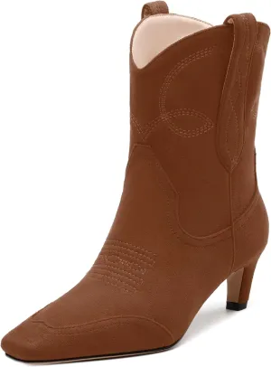 WAYDERNS Women's Cowboy Ankle Boots Western Low Kitten Heel Square Toe 2 Inch Short Booties Comfortable Casual Prom Party Pull on Fall Winter Shoes