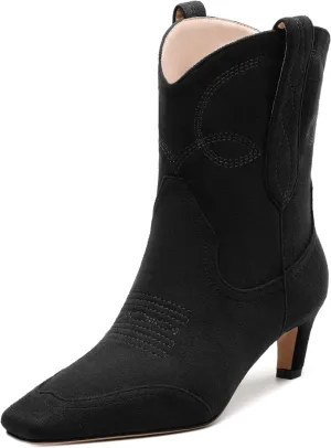 WAYDERNS Women's Cowboy Ankle Boots Western Low Kitten Heel Square Toe 2 Inch Short Booties Comfortable Casual Prom Party Pull on Fall Winter Shoes