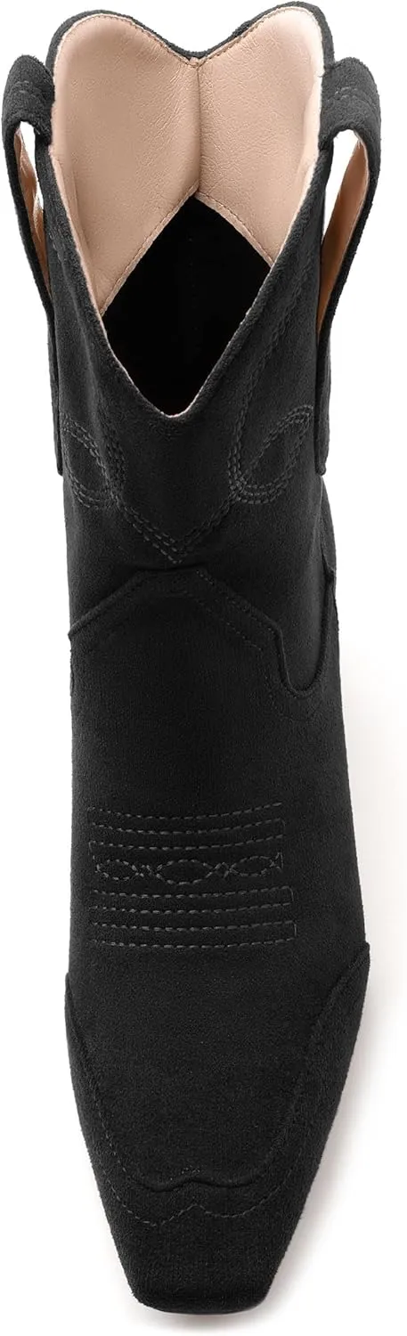 WAYDERNS Women's Cowboy Ankle Boots Western Low Kitten Heel Square Toe 2 Inch Short Booties Comfortable Casual Prom Party Pull on Fall Winter Shoes