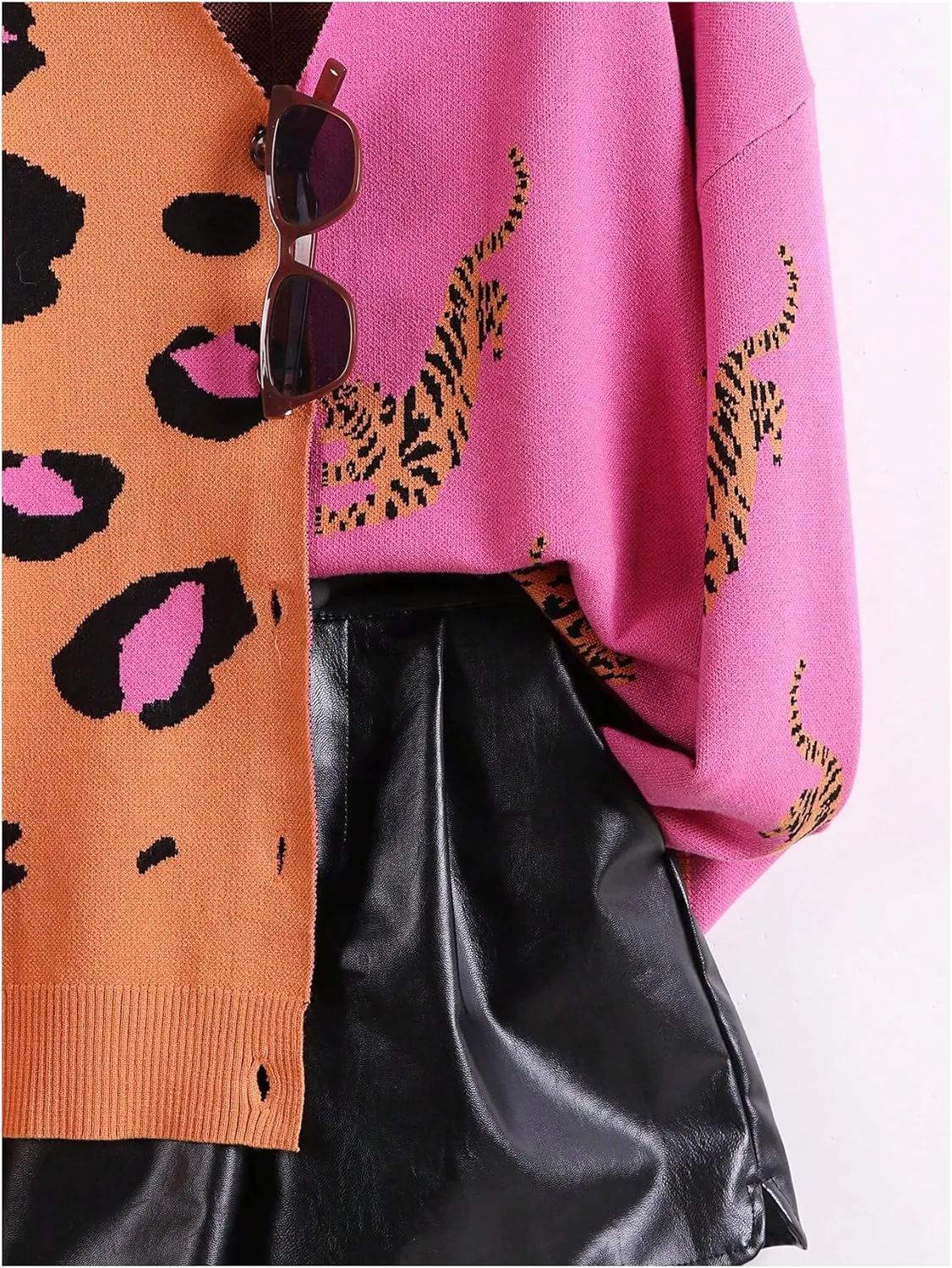 WDIRARA Women's Leopard Tiger Print Cardigan V Neck Long Sleeve Color Block Button Down Sweater Outwear