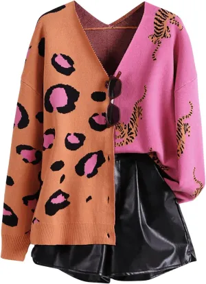 WDIRARA Women's Leopard Tiger Print Cardigan V Neck Long Sleeve Color Block Button Down Sweater Outwear