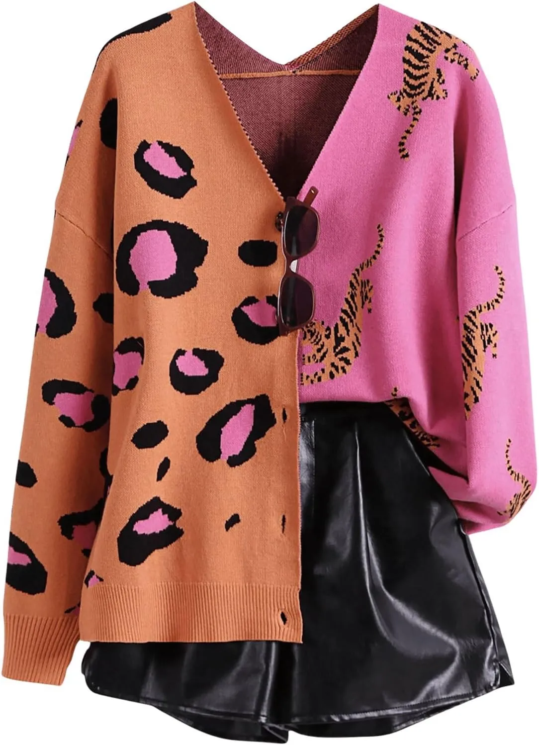 WDIRARA Women's Leopard Tiger Print Cardigan V Neck Long Sleeve Color Block Button Down Sweater Outwear