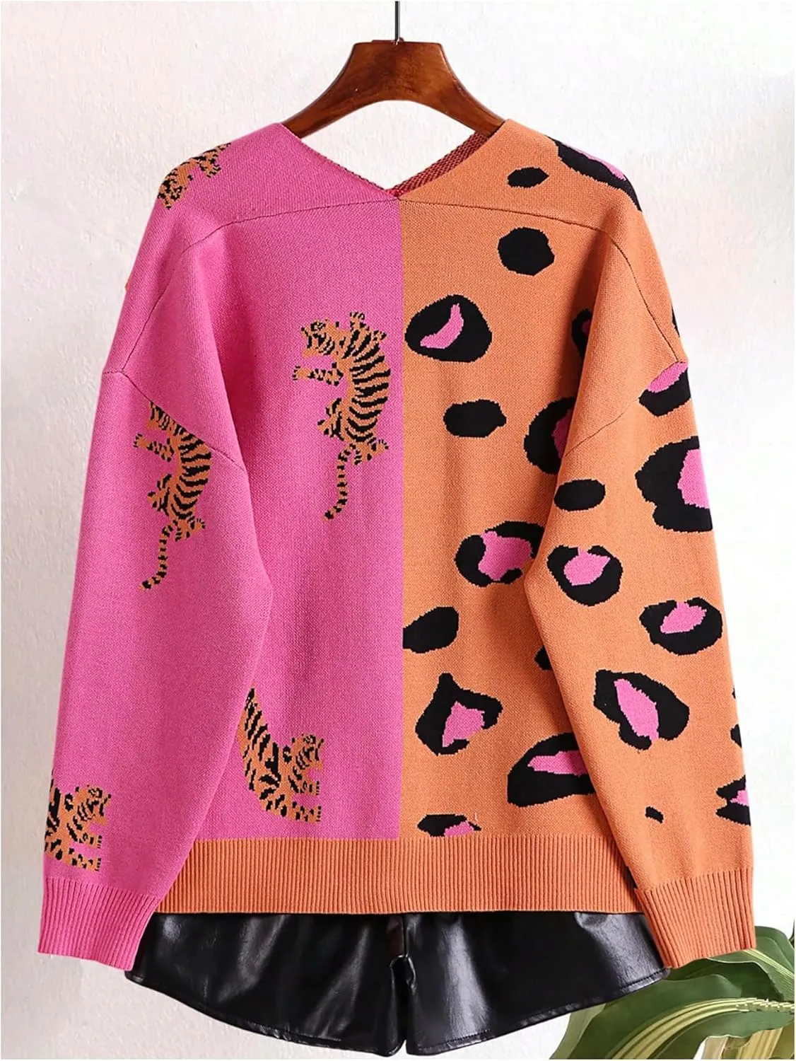 WDIRARA Women's Leopard Tiger Print Cardigan V Neck Long Sleeve Color Block Button Down Sweater Outwear
