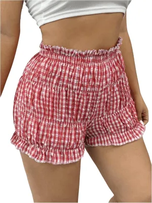 WDIRARA Women's Plus Size Plaid Print Shirred Mini Shorts Ruffled Hem Elastic Waist Shorts