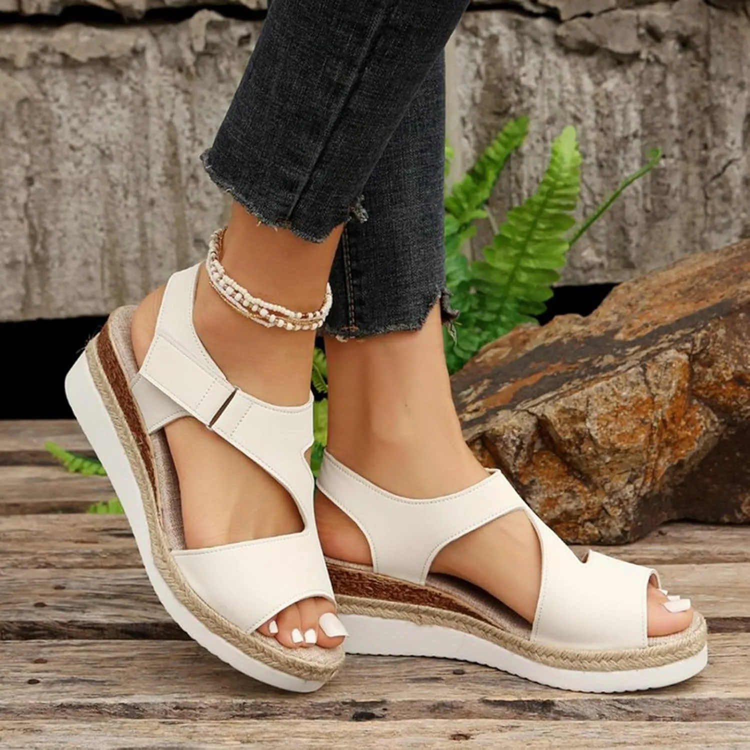 Wedge Sandals for Women 2024 Large Size Thick Soled Strap Sandals Women's Bohemian Wedge Beach Sandals