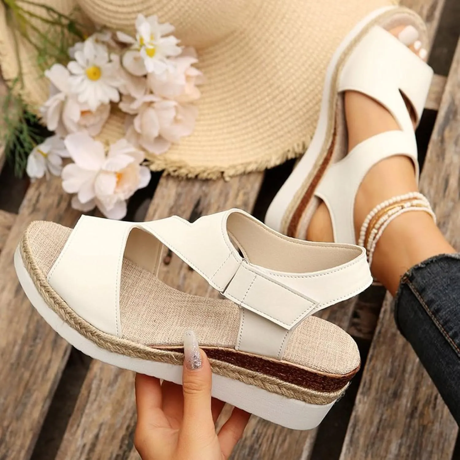 Wedge Sandals for Women 2024 Large Size Thick Soled Strap Sandals Women's Bohemian Wedge Beach Sandals
