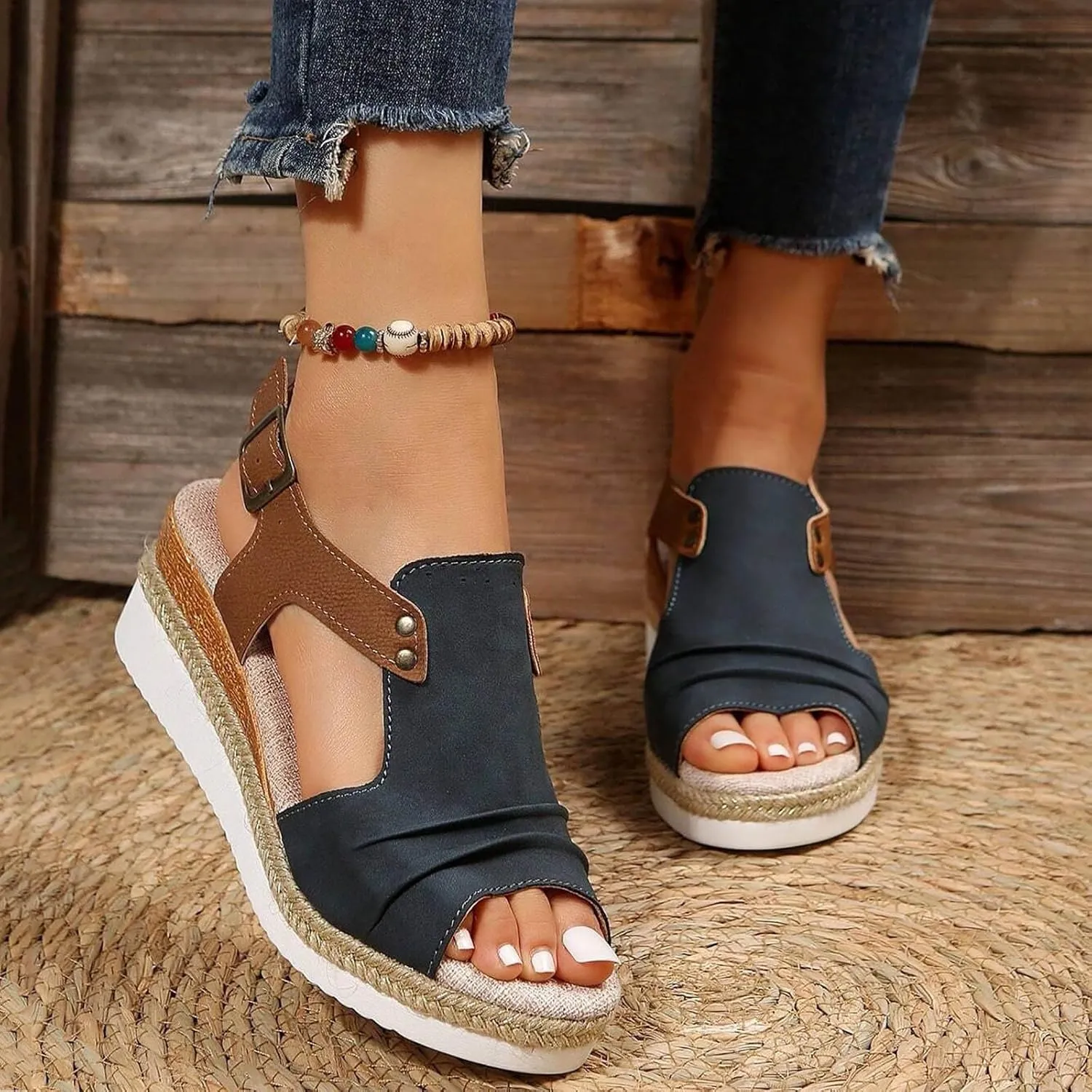 Wedge Sandals for Women Dressy, Casual Open Toe Ankle Strap Platform Espadrille Wedges Slingback Comfortable Bohemia Beach Summer Dress Shoes (a/Navy, 6)