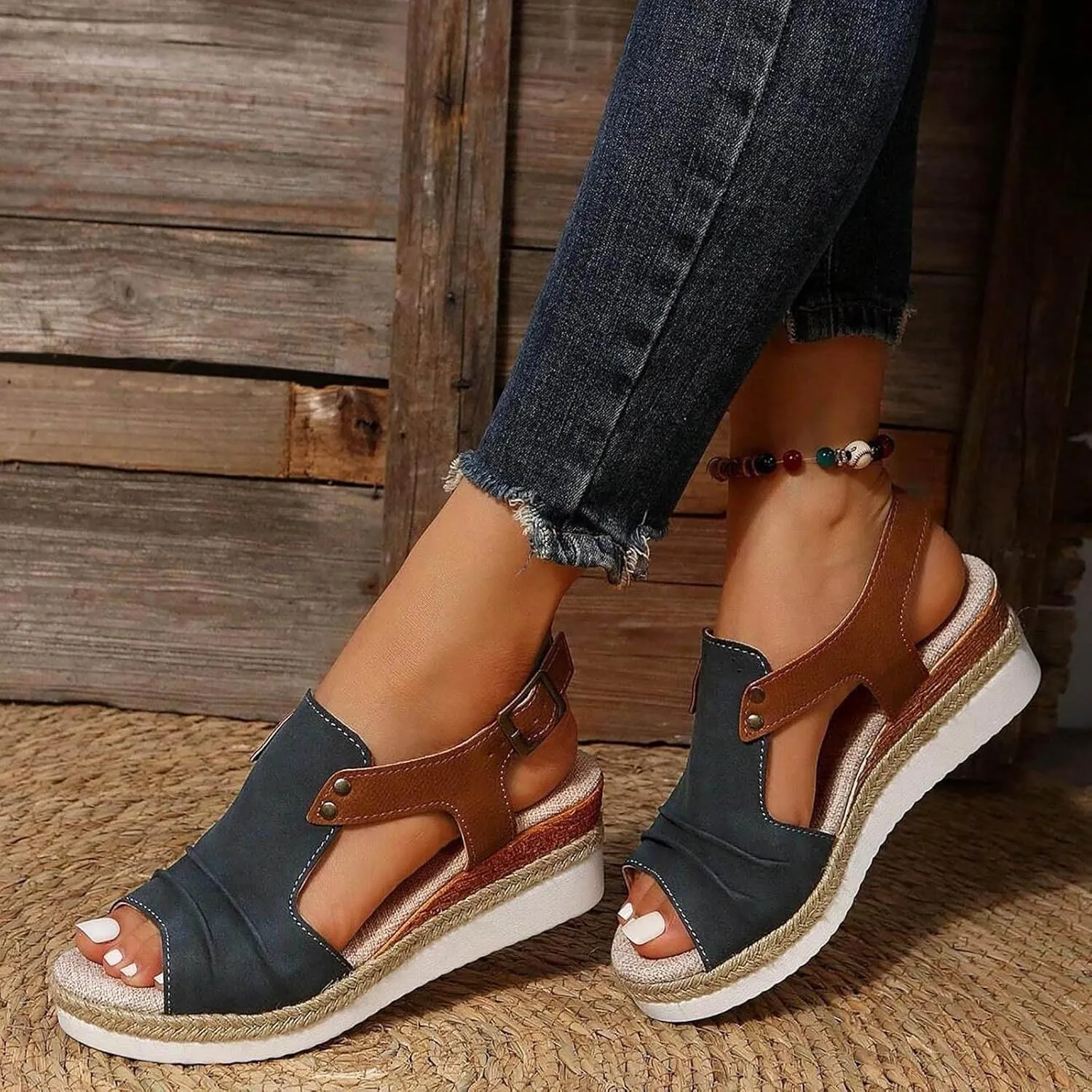 Wedge Sandals for Women Dressy, Casual Open Toe Ankle Strap Platform Espadrille Wedges Slingback Comfortable Bohemia Beach Summer Dress Shoes (a/Navy, 6)