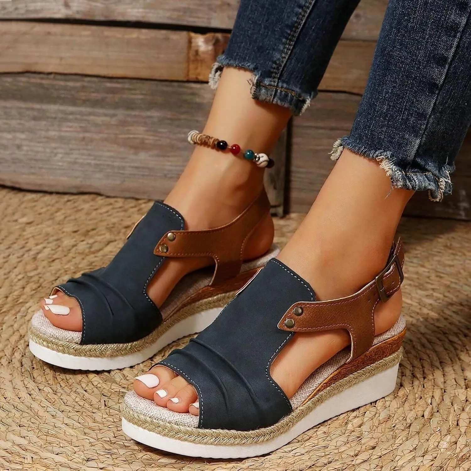 Wedge Sandals for Women Dressy, Casual Open Toe Ankle Strap Platform Espadrille Wedges Slingback Comfortable Bohemia Beach Summer Dress Shoes (a/Navy, 6)