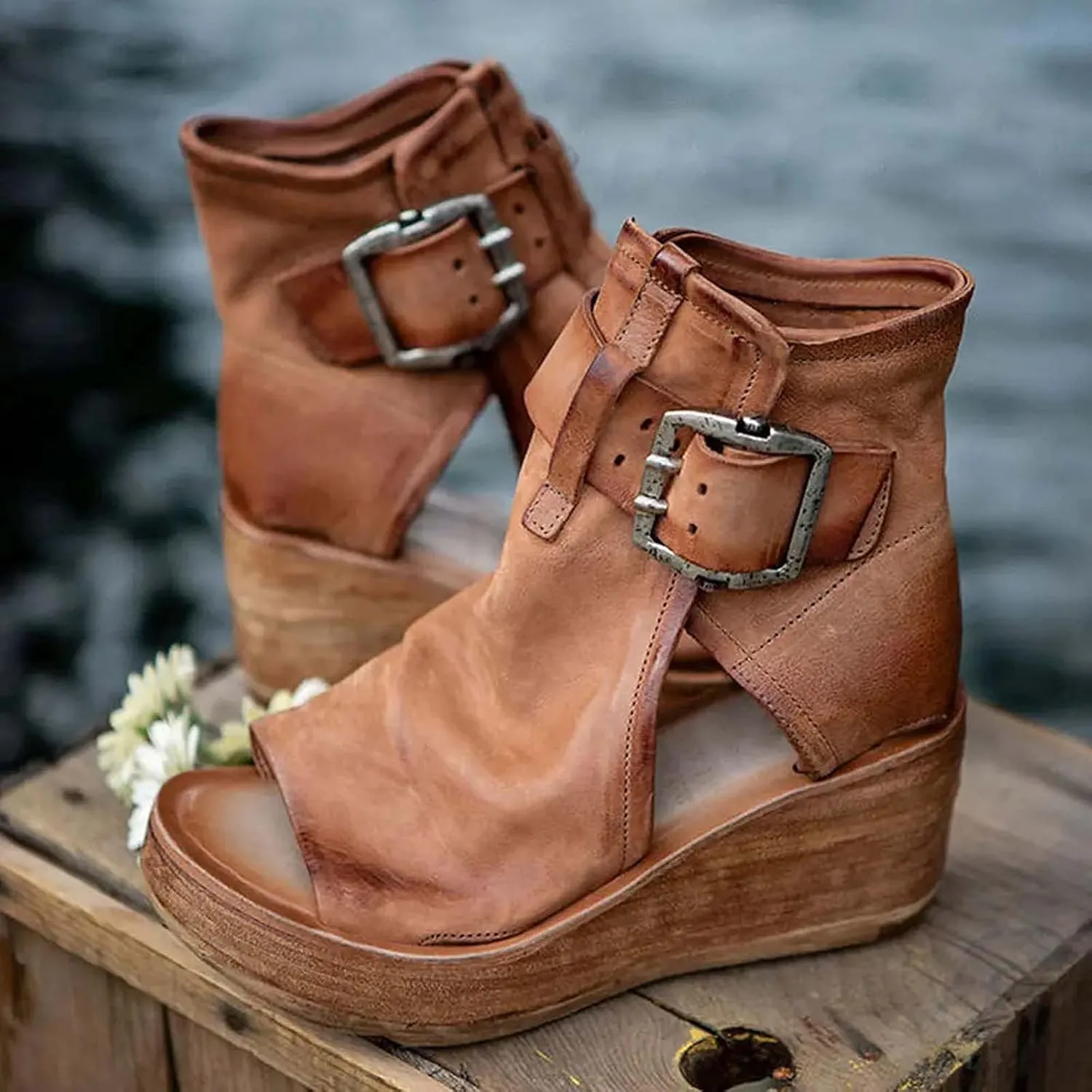 Wedge Sandals for Women Open Toe Buckle Strap Ankle Boots Vintage Hollow Out Platform Sandals Summer Casual Shoes