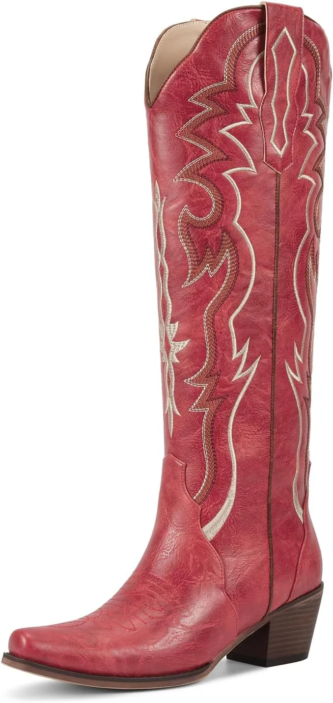 wetkiss Black Cowboy Boots for Women Knee High Cowgirl Tall Boots with Classic Retro Embroidered Chunky Heel Slip On Pointed Toe Womens Western Boots for Girls Ladies