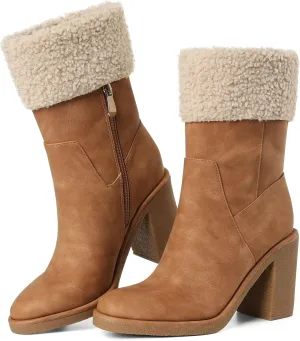 Winter Boots for Women, Comfortable Side Zipper Mid Chunky Heel Suede Warm Fur Snow Ankle Boot Outdoor Party Shoes