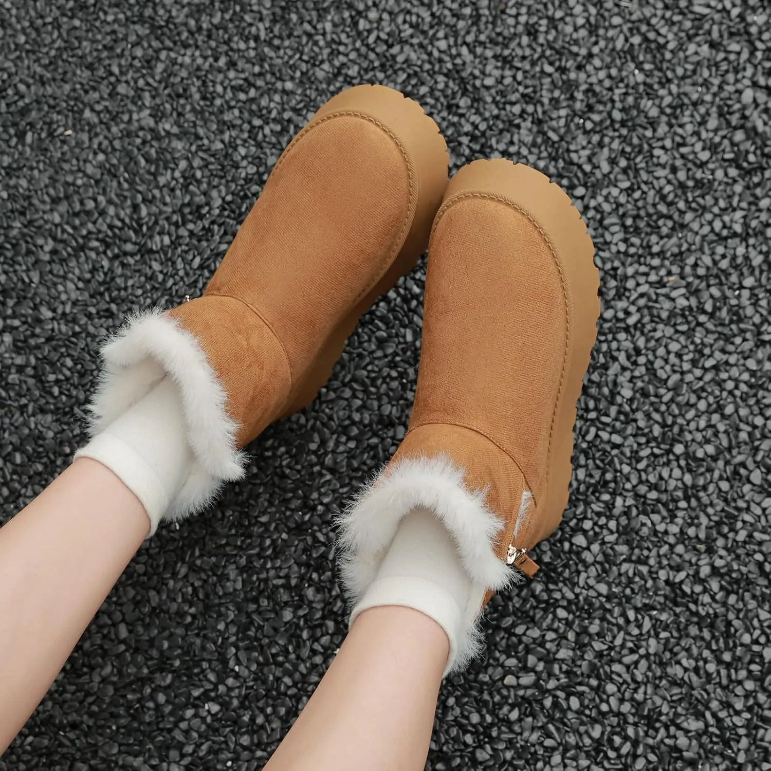 Winter Boots for Women, Lightweight Platform Boots Fashion Ankle Boots for Women,Classic Suede Fur Leather Snow Boots with Comfort Insole Waterproof Stylish Fall Boots