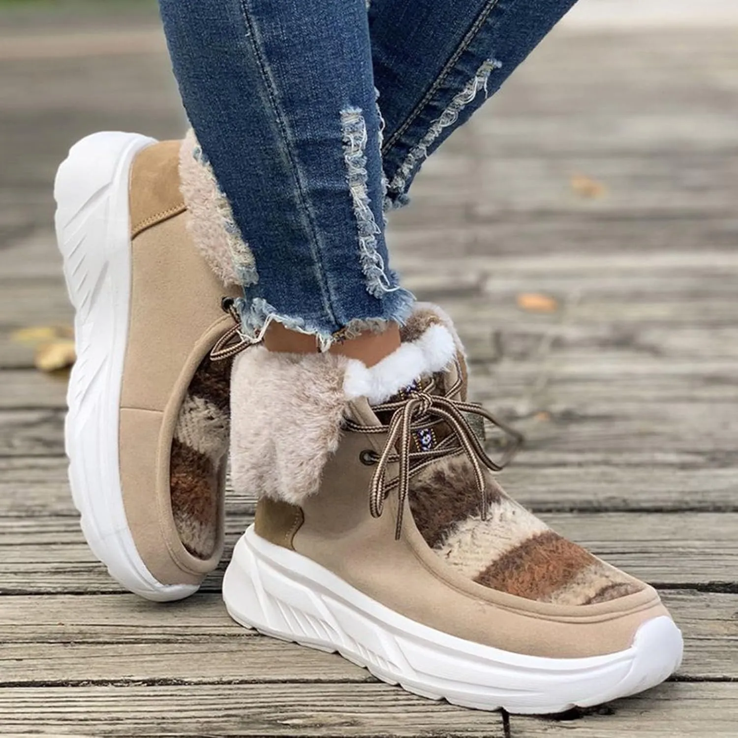 Winter Snow Boots For Women Casual Platform Wedge Booties Plush Fleece Lined Soft Thick Bottom Ankle Boots Warm Fashion Lace-up Sneakers Thermal Short Boots Slip On Outdoor Walking Tennis Shoes