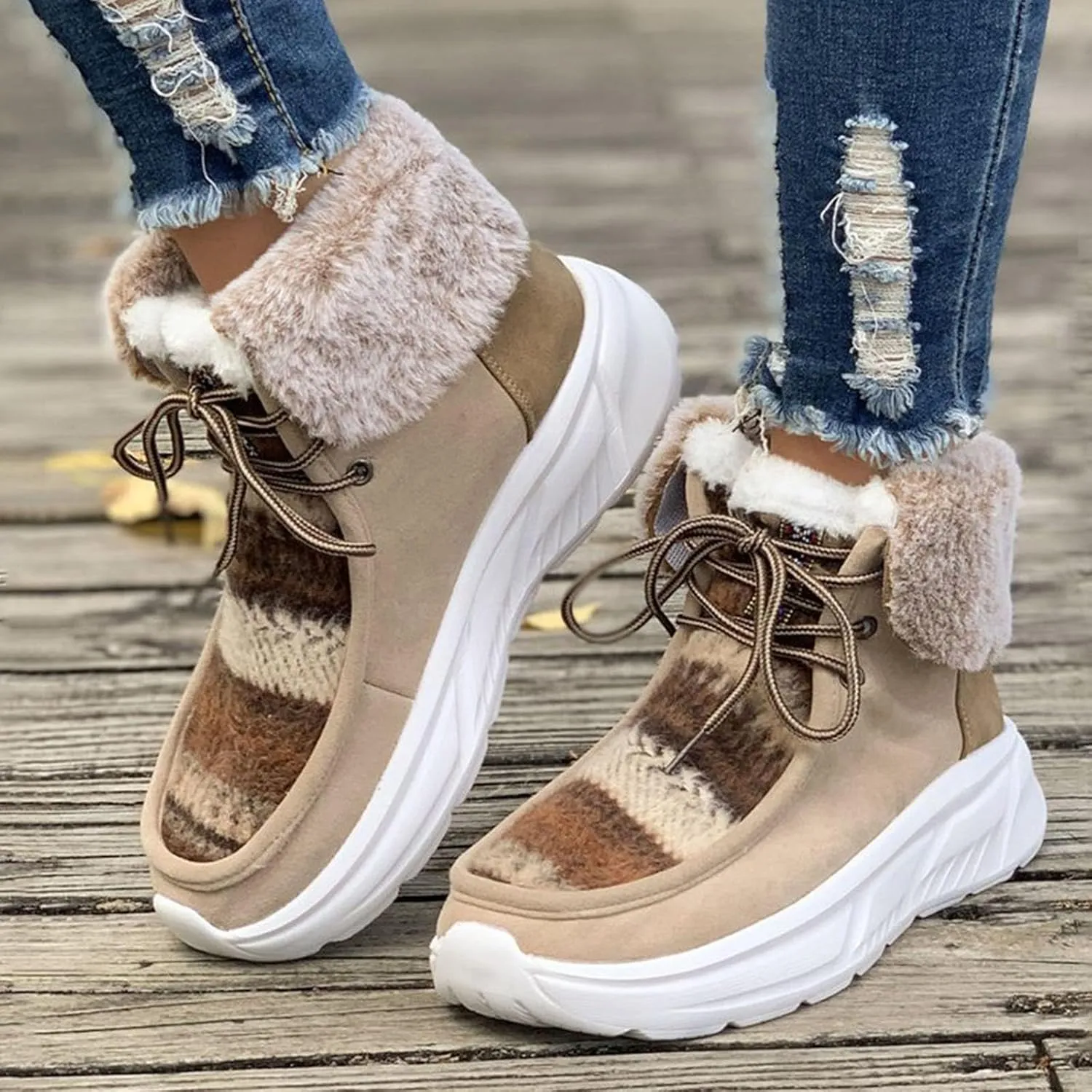 Winter Snow Boots For Women Casual Platform Wedge Booties Plush Fleece Lined Soft Thick Bottom Ankle Boots Warm Fashion Lace-up Sneakers Thermal Short Boots Slip On Outdoor Walking Tennis Shoes