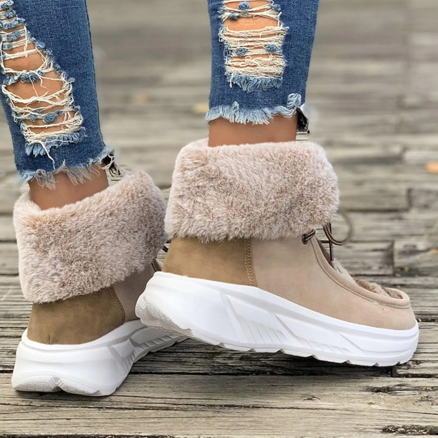 Winter Snow Boots For Women Casual Platform Wedge Booties Plush Fleece Lined Soft Thick Bottom Ankle Boots Warm Fashion Lace-up Sneakers Thermal Short Boots Slip On Outdoor Walking Tennis Shoes
