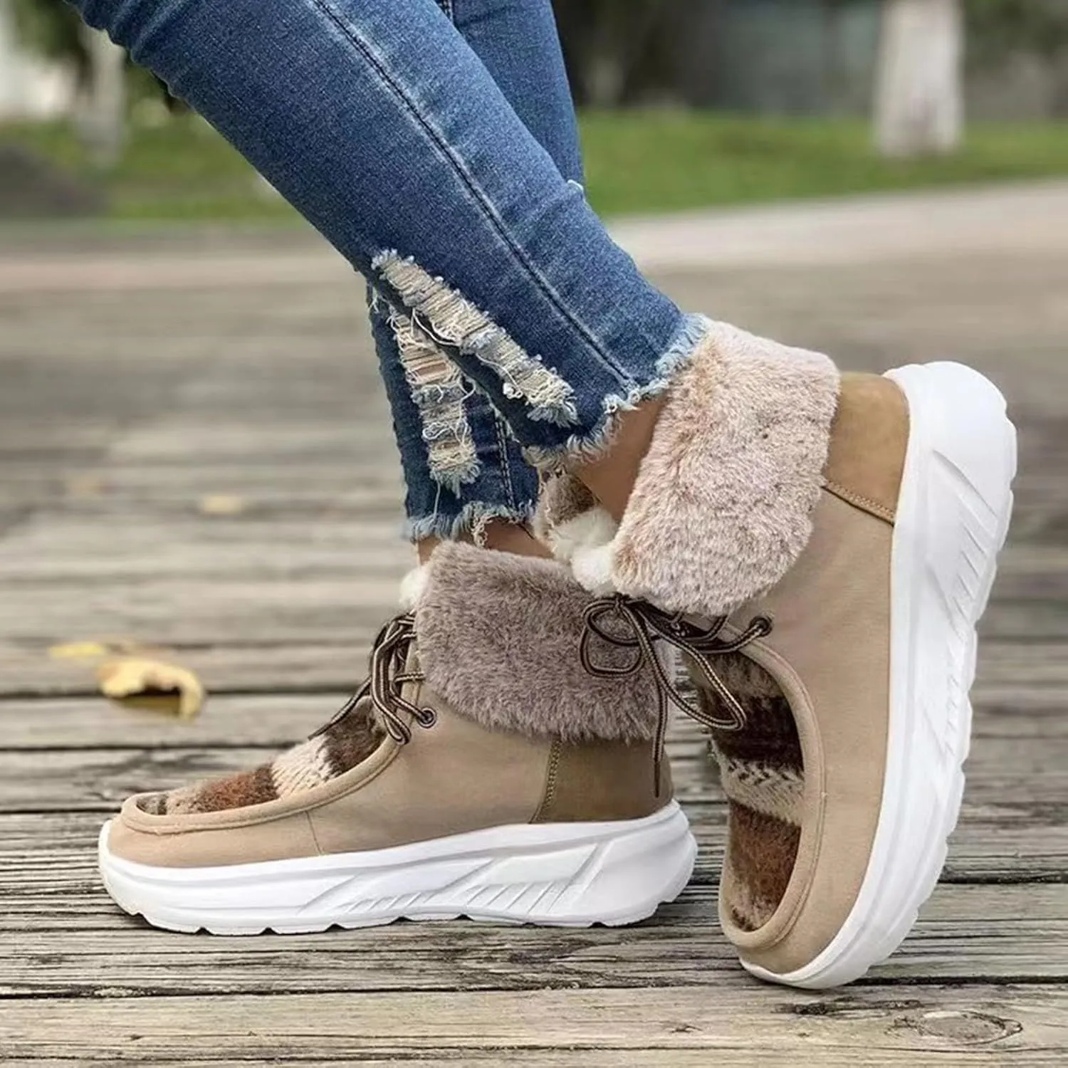 Winter Snow Boots For Women Casual Platform Wedge Booties Plush Fleece Lined Soft Thick Bottom Ankle Boots Warm Fashion Lace-up Sneakers Thermal Short Boots Slip On Outdoor Walking Tennis Shoes