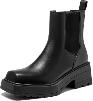 Women Chunky Platform Chelsea Boots Lug Sole Square Toe Ankle Boots Slip-on Elastic Booties