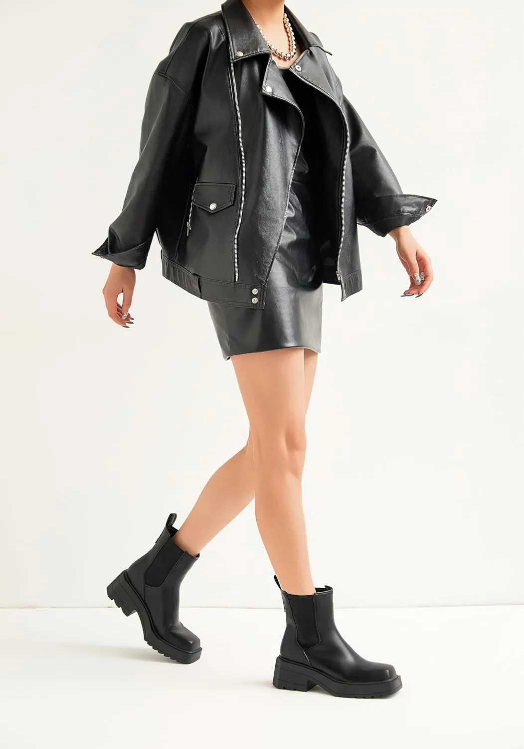 Women Chunky Platform Chelsea Boots Lug Sole Square Toe Ankle Boots Slip-on Elastic Booties