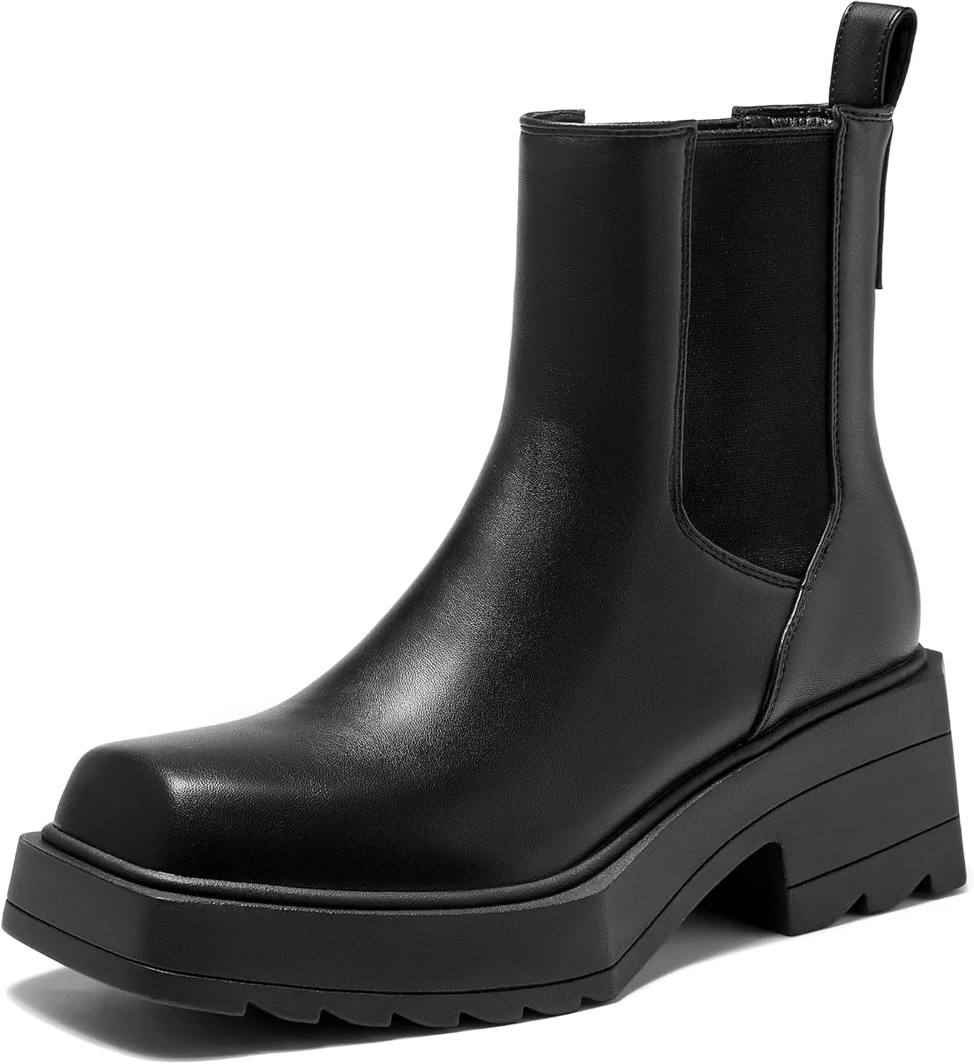 Women Chunky Platform Chelsea Boots Lug Sole Square Toe Ankle Boots Slip-on Elastic Booties