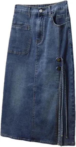 Women Elastic Waist Thin Midi Denim Skirt Spring Summer Casual Side Split Button A-Line Skirt