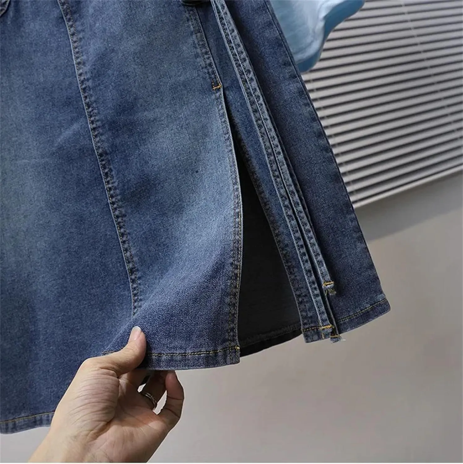 Women Elastic Waist Thin Midi Denim Skirt Spring Summer Casual Side Split Button A-Line Skirt