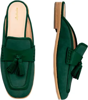 Women Flat Tassel Mules Suede Closed Square Toe Slip On Fringe Loafers Backless 0.5" Low Chunky Stacked Heeled Sandals Slip-Ons Clogs Comfy Slide Slippers Daily Weekend Homecoming 4-11 M US