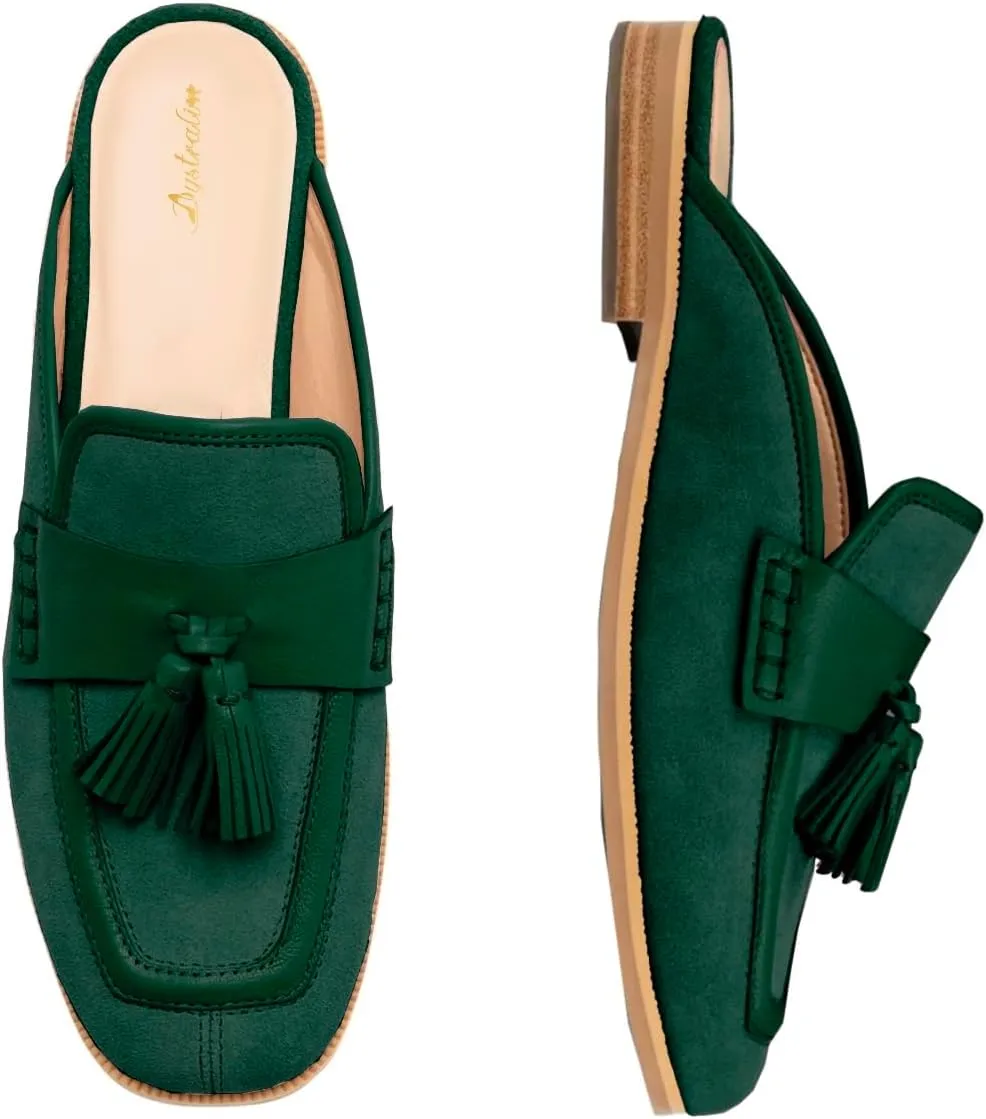Women Flat Tassel Mules Suede Closed Square Toe Slip On Fringe Loafers Backless 0.5" Low Chunky Stacked Heeled Sandals Slip-Ons Clogs Comfy Slide Slippers Daily Weekend Homecoming 4-11 M US