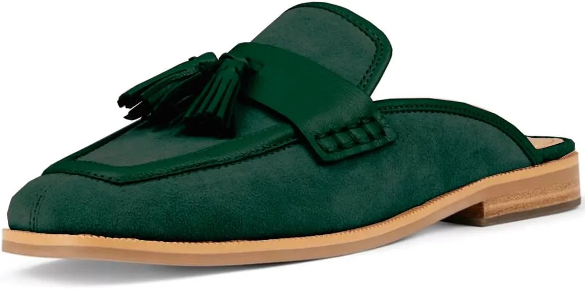 Women Flat Tassel Mules Suede Closed Square Toe Slip On Fringe Loafers Backless 0.5" Low Chunky Stacked Heeled Sandals Slip-Ons Clogs Comfy Slide Slippers Daily Weekend Homecoming 4-11 M US