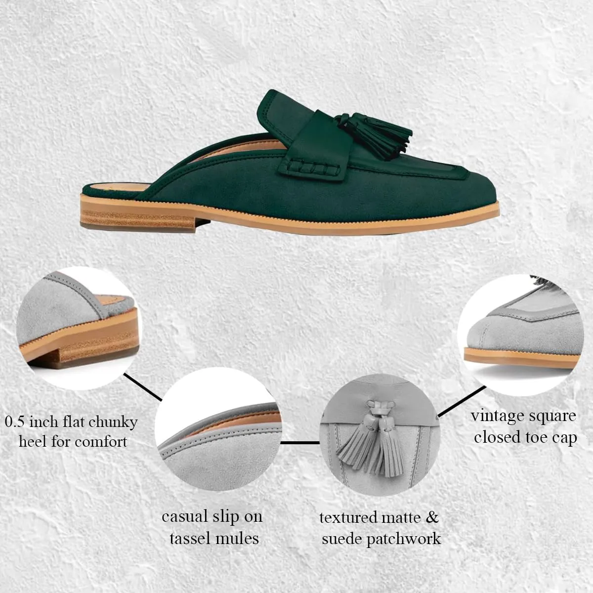 Women Flat Tassel Mules Suede Closed Square Toe Slip On Fringe Loafers Backless 0.5" Low Chunky Stacked Heeled Sandals Slip-Ons Clogs Comfy Slide Slippers Daily Weekend Homecoming 4-11 M US