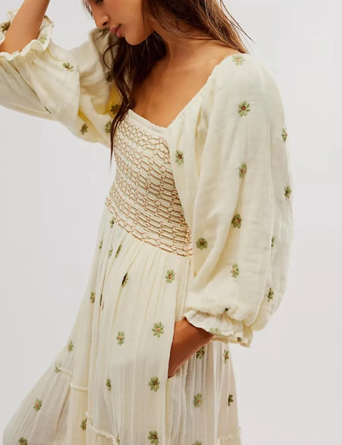 Women Floral Embroidered Maxi Dress Long Puff Sleeve Square Neck Bohemian Flowy Dress with Pockets Smocked Fall Dress