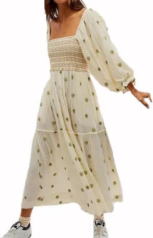 Women Floral Embroidered Maxi Dress Long Puff Sleeve Square Neck Bohemian Flowy Dress with Pockets Smocked Fall Dress