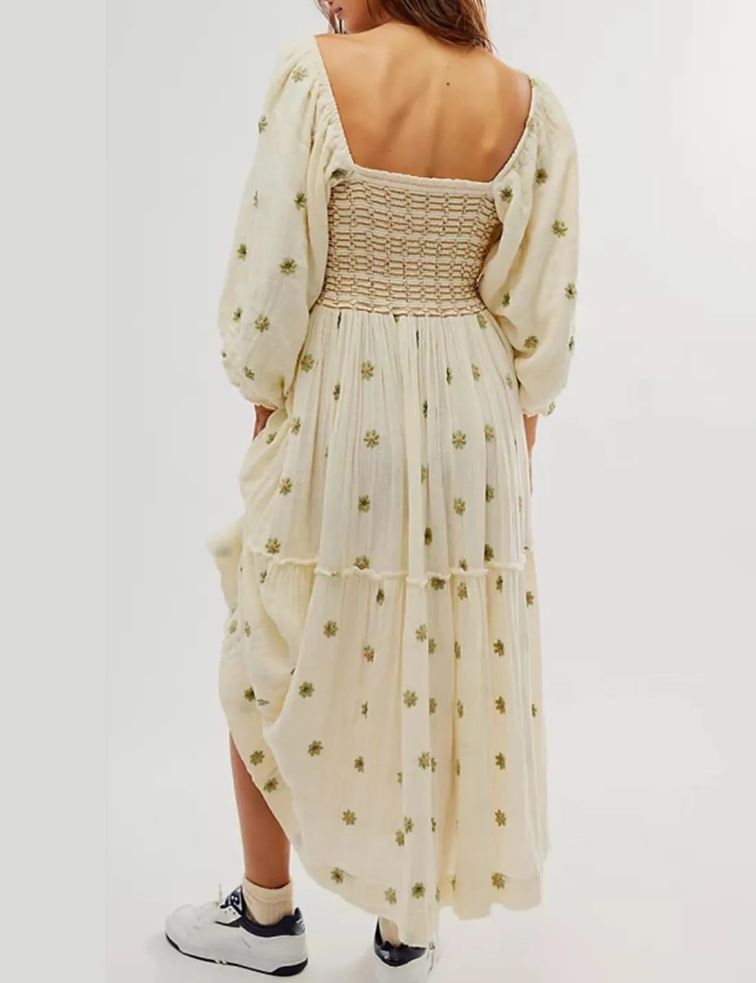 Women Floral Embroidered Maxi Dress Long Puff Sleeve Square Neck Bohemian Flowy Dress with Pockets Smocked Fall Dress