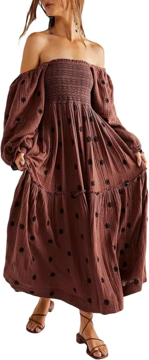 Women Floral Embroidered Maxi Dress Long Puff Sleeve Square Neck Bohemian Flowy Dress with Pockets Smocked Fall Dress