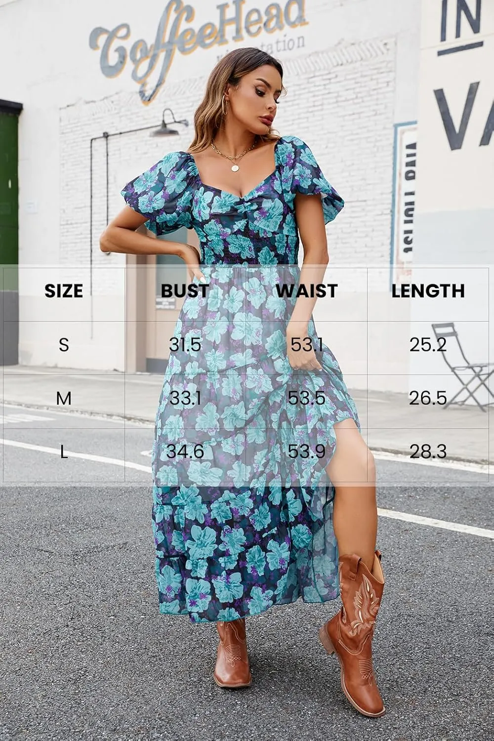 Women Floral Maxi Dress Short Puff Sleeve V Neck Bohemian Flowy Dress Smocked Casual Spring Summer Dresses