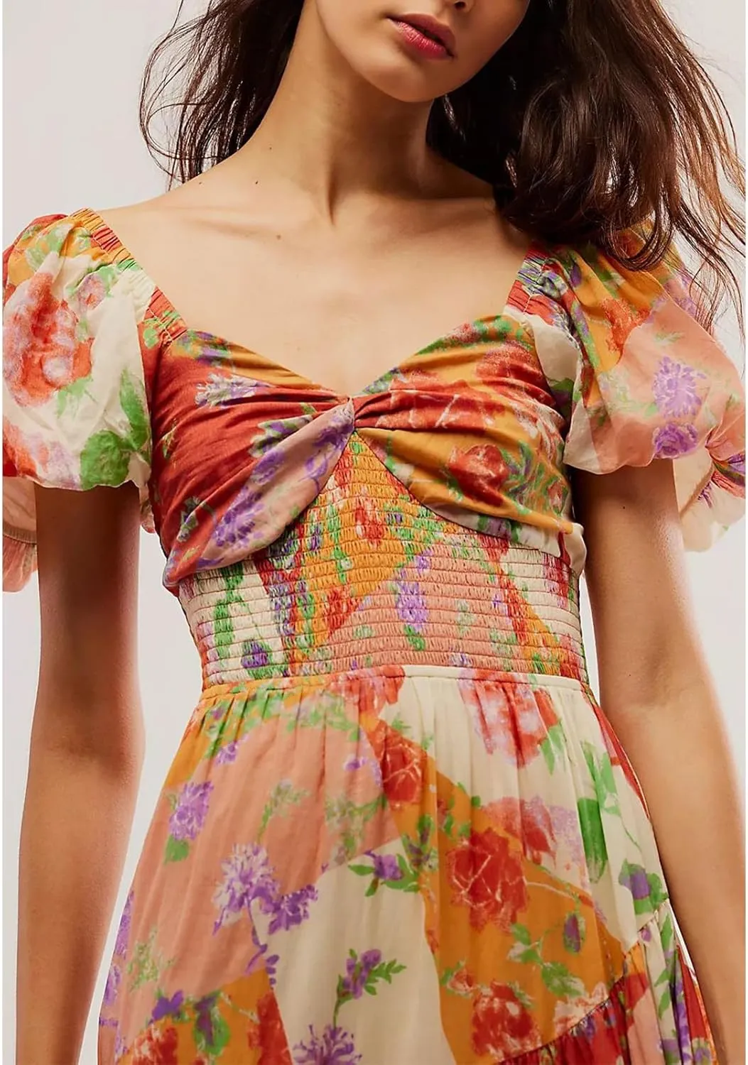 Women Floral Maxi Dress Short Puff Sleeve V Neck Bohemian Flowy Dress Smocked Casual Spring Summer Dresses