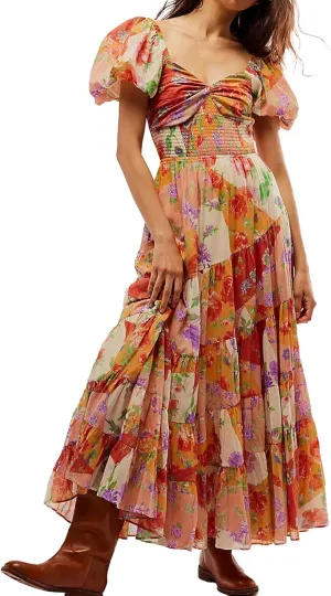 Women Floral Maxi Dress Short Puff Sleeve V Neck Bohemian Flowy Dress Smocked Casual Spring Summer Dresses