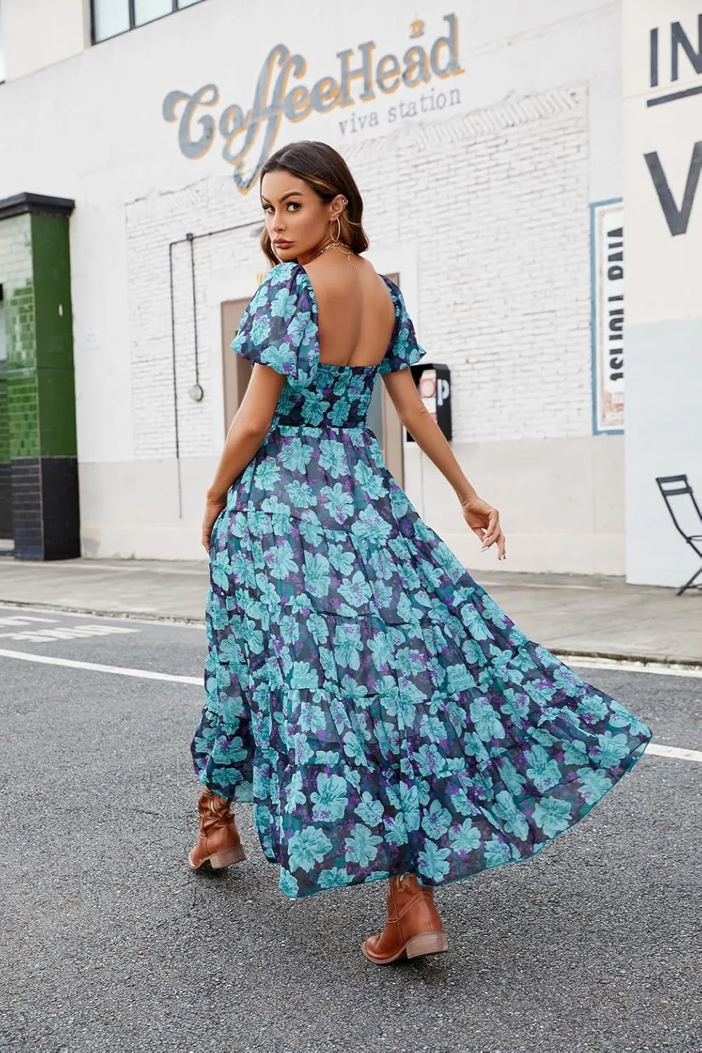 Women Floral Maxi Dress Short Puff Sleeve V Neck Bohemian Flowy Dress Smocked Casual Spring Summer Dresses