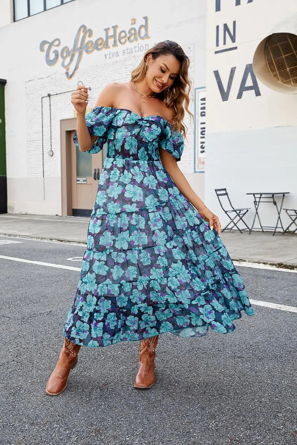 Women Floral Maxi Dress Short Puff Sleeve V Neck Bohemian Flowy Dress Smocked Casual Spring Summer Dresses