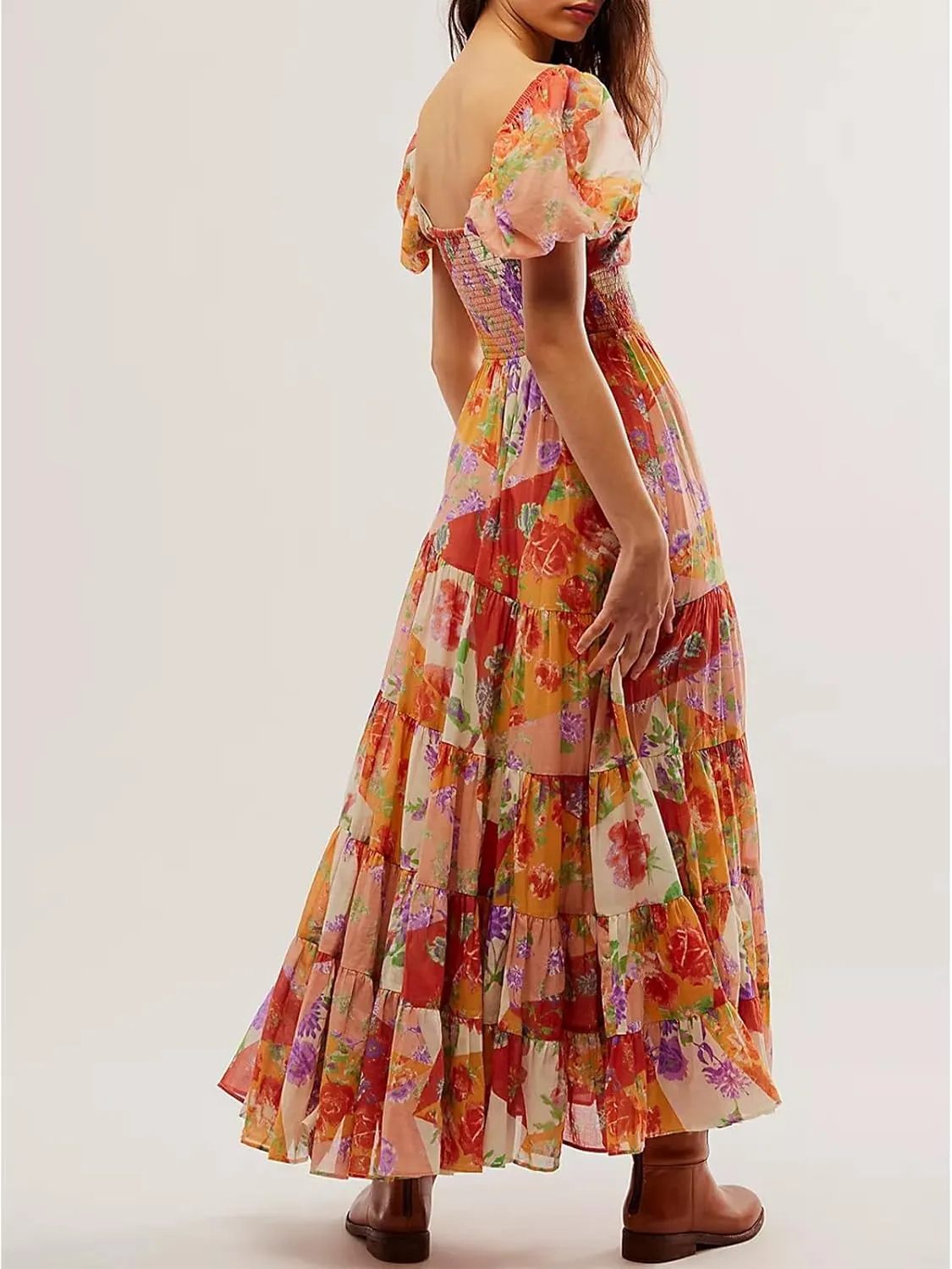 Women Floral Maxi Dress Short Puff Sleeve V Neck Bohemian Flowy Dress Smocked Casual Spring Summer Dresses