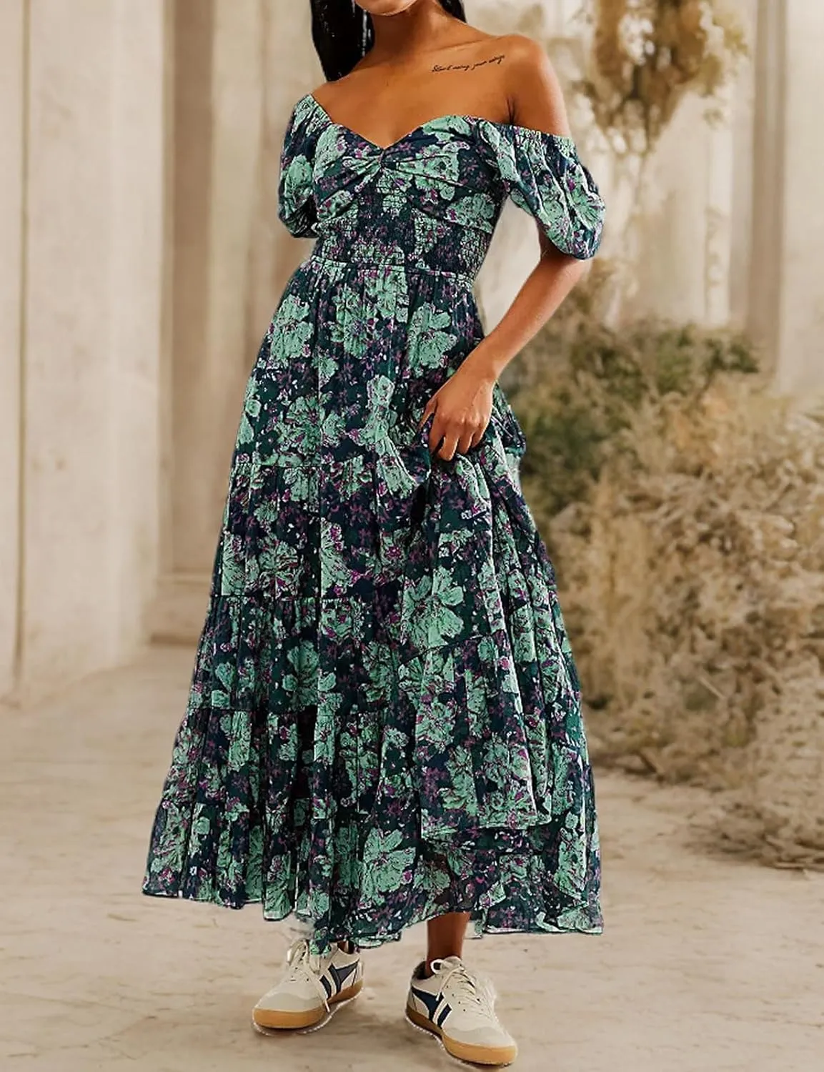 Women Floral Maxi Dress Short Puff Sleeve V Neck Bohemian Flowy Dress Smocked Casual Spring Summer Dresses
