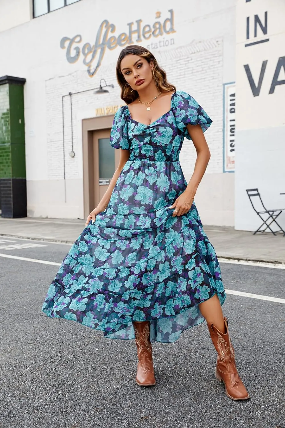 Women Floral Maxi Dress Short Puff Sleeve V Neck Bohemian Flowy Dress Smocked Casual Spring Summer Dresses