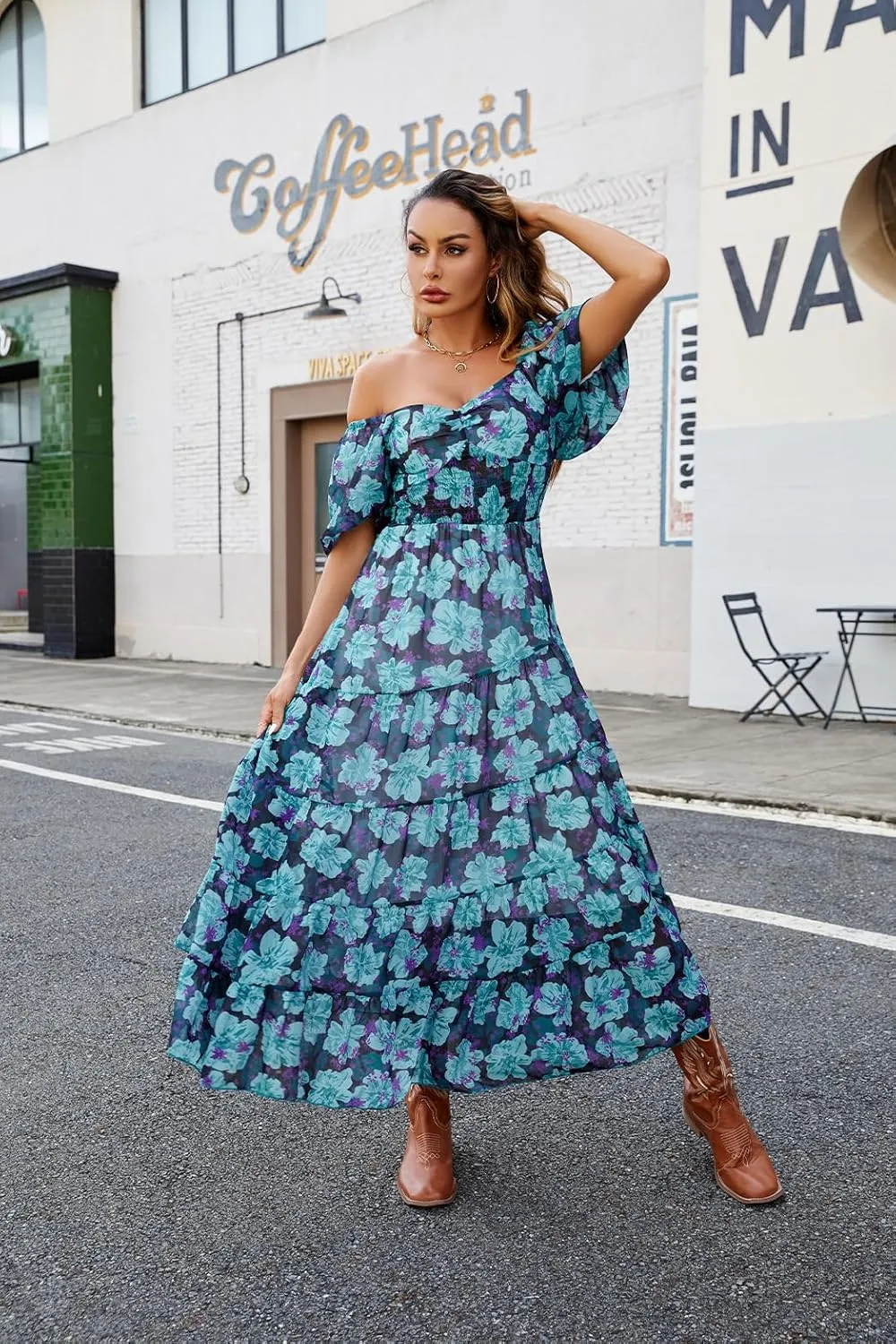 Women Floral Maxi Dress Short Puff Sleeve V Neck Bohemian Flowy Dress Smocked Casual Spring Summer Dresses