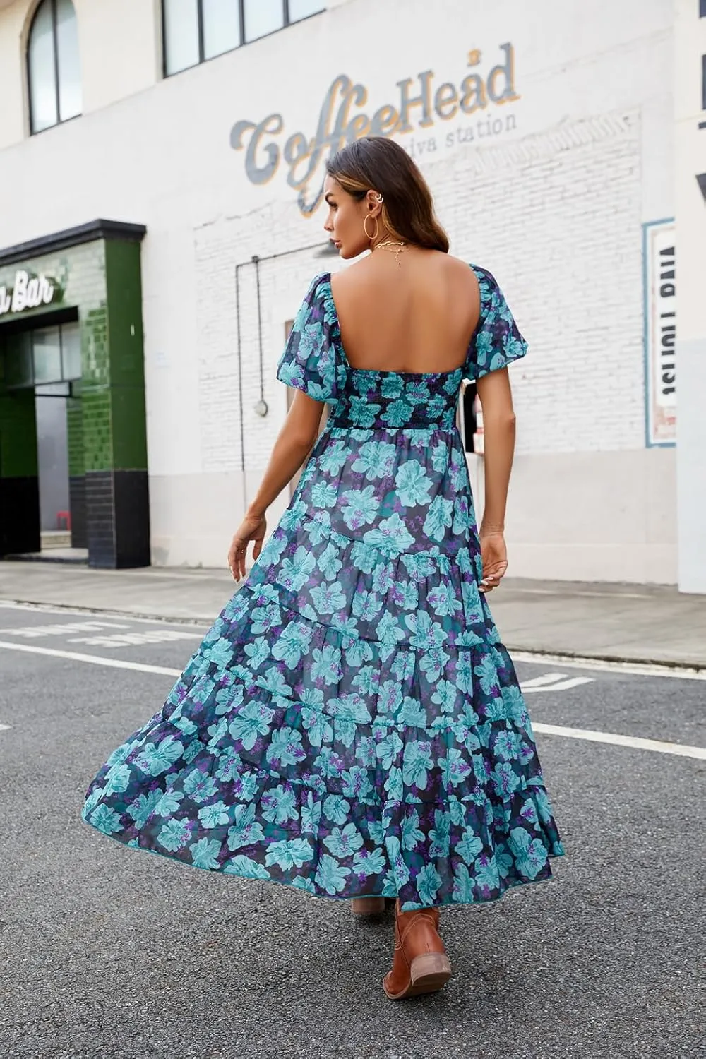 Women Floral Maxi Dress Short Puff Sleeve V Neck Bohemian Flowy Dress Smocked Casual Spring Summer Dresses