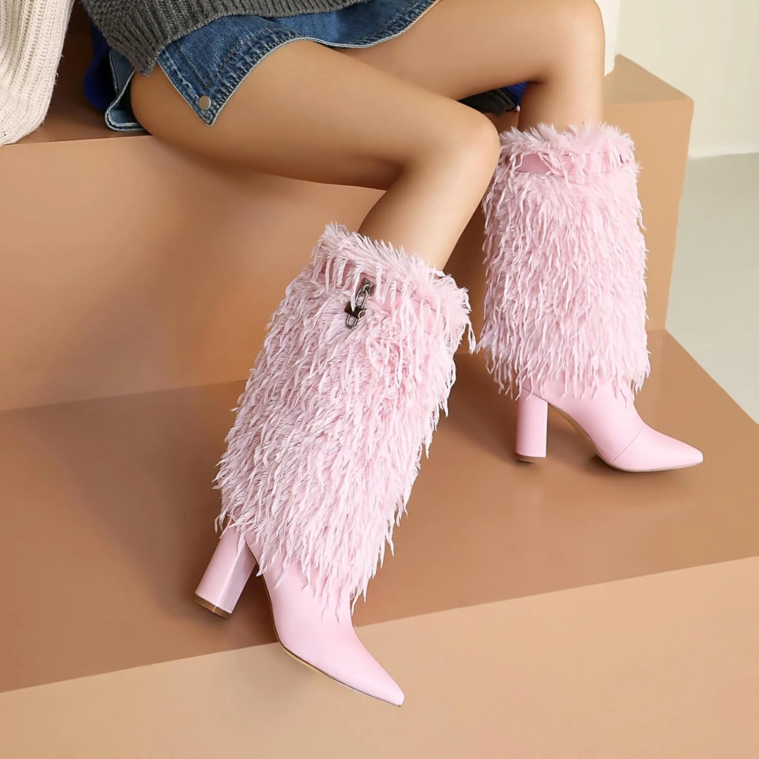 Women Fold Over Faux Fur Mid Calf Boots Chunky Heel Point Toe Shark Boot Fashion Pull On Short Booties with Padlock